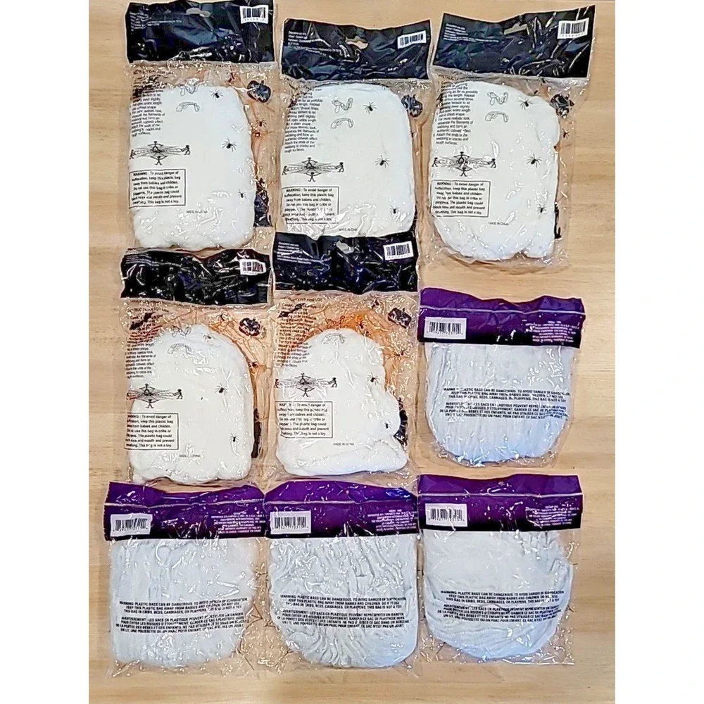 Lot of 9 Halloween Spider Webs‎ 5 Glow in the Dark- 4 with Spiders-2oz. Reusable